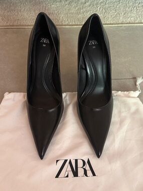 ZARA Black Leather Pointed Stiletto Pumps